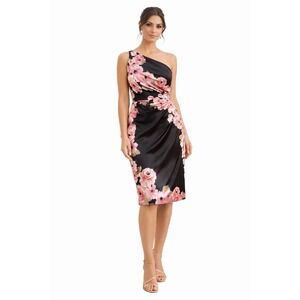 MAGGIE LONDON SIZE 4 Black/Pink/Floral Satin One Shoulder Ruched Dress Wedding